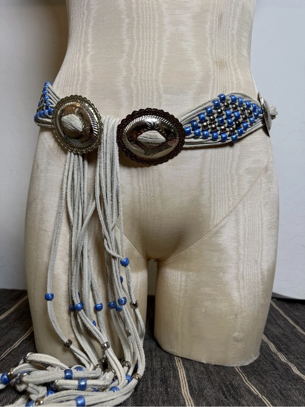 Vintage Suede Beaded Metal Concho Belt Beaded Long Fringe Western 64”
